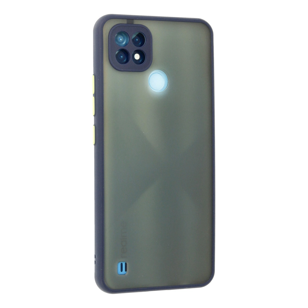 Dört kameralı ve flaşlı koyu gri telefon kılıfı beyaz arka plan üzerinde.