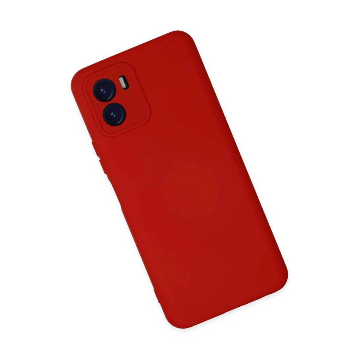 Arkada iki kamera lensi ve flaşı olan kırmızı telefon kılıfı.