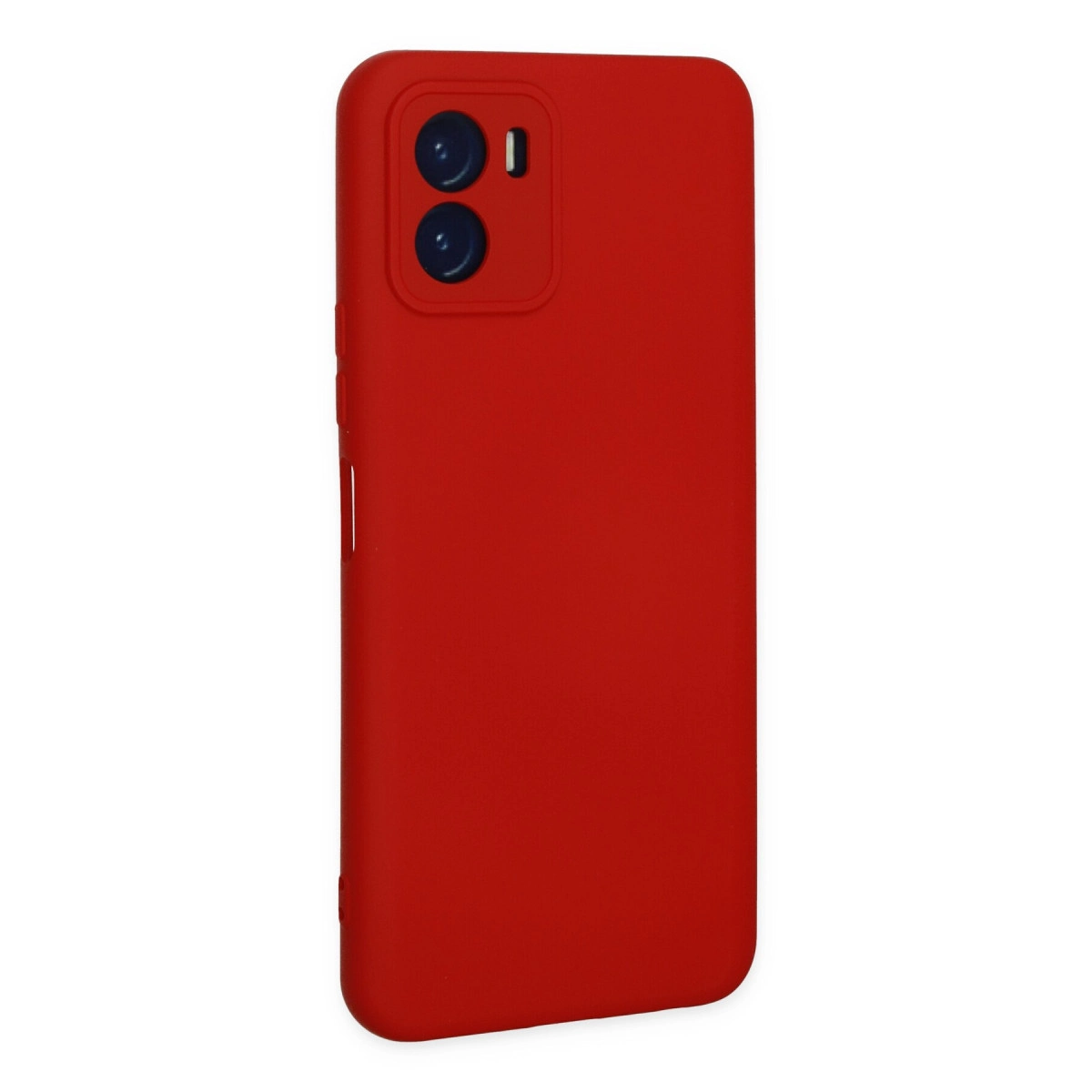 Arkada iki kamera ve flaşlı kırmızı akıllı telefon kılıfı.