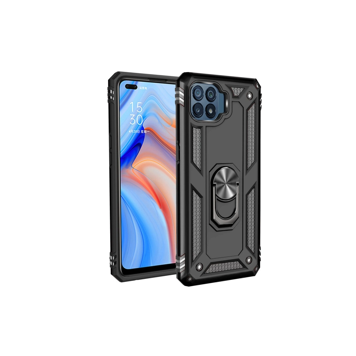 Arkada halka tutuculu, sağlam kılıflı siyah bir telefon.