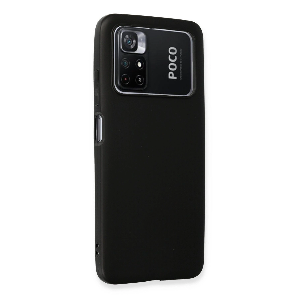 Arkada POCO logosu ve kamera kesiği olan siyah telefon kılıfı.