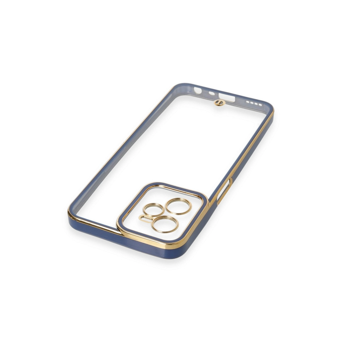 Altın kenarlı ve kamera çerçeveli koyu mavi telefon kılıfı.