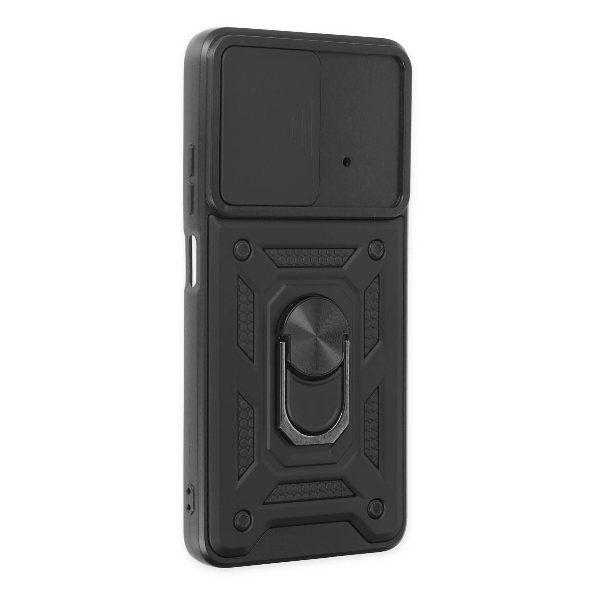 Kamera sürgülü kapaklı ve halka tutuculu siyah telefon kılıfı.