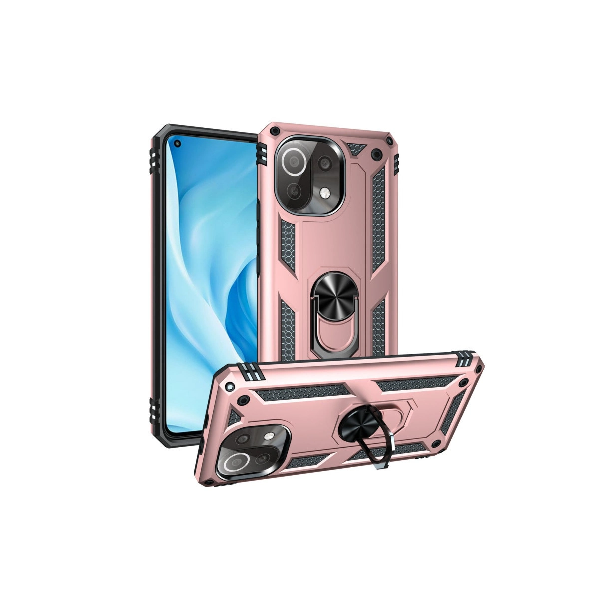 Halka standlı rose gold telefon kılıfı, kamera ve dokulu tutuşu gösteriyor.