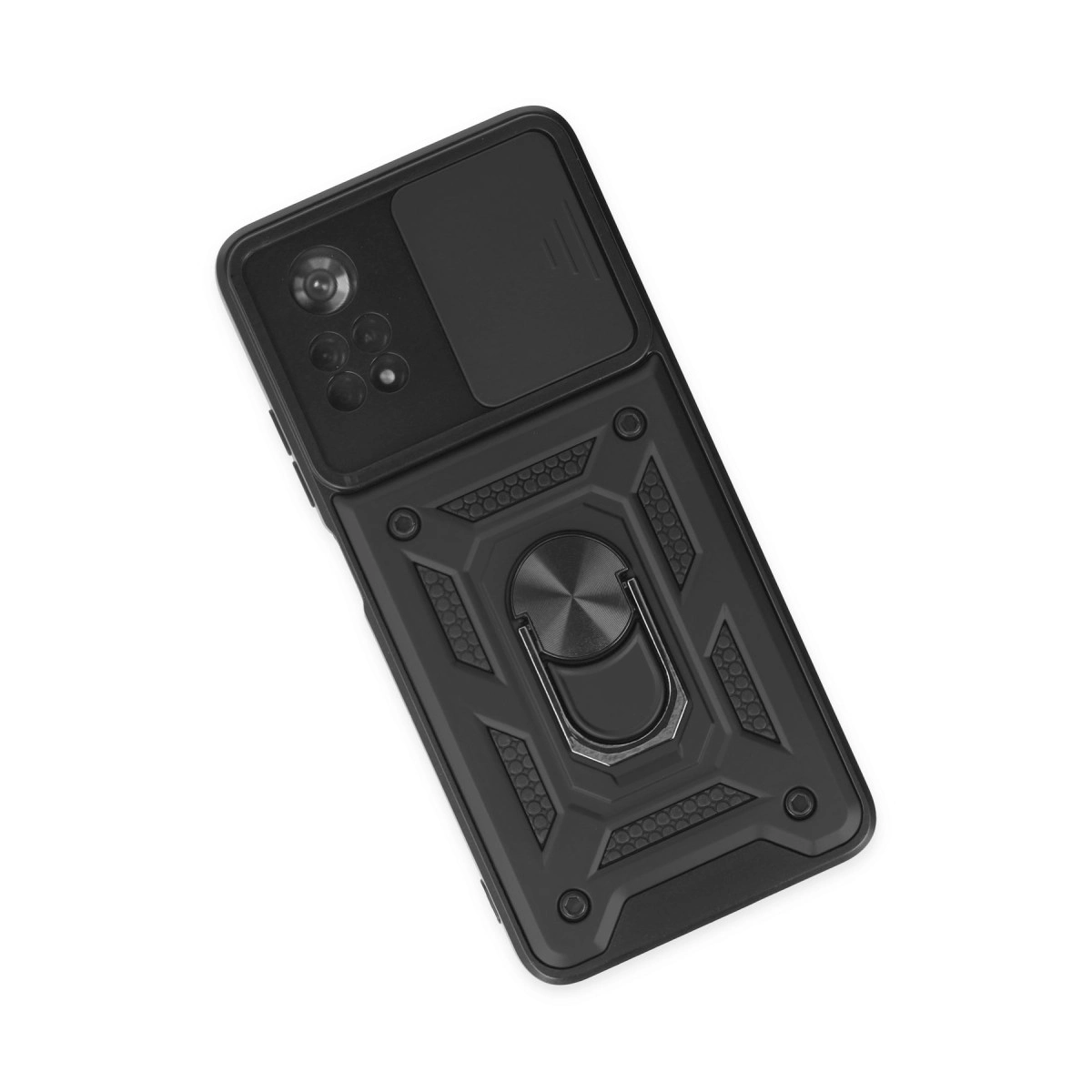Halka tutuculu ve kayar kamera kapaklı siyah telefon kılıfı.