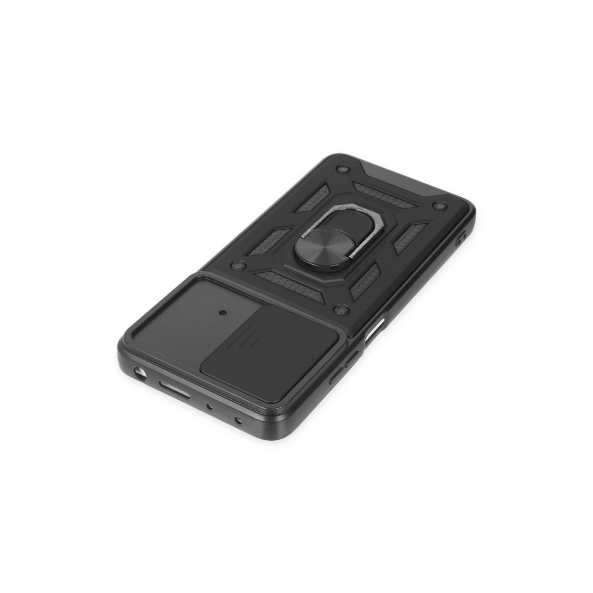 Halkalı tutuculu ve kayar kapaklı siyah telefon kılıfı.