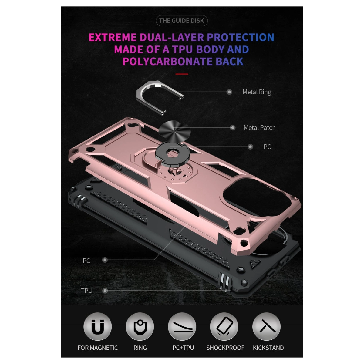 Metal halkalı ve stantlı, patlatılmış pembe altın telefon kılıfı.