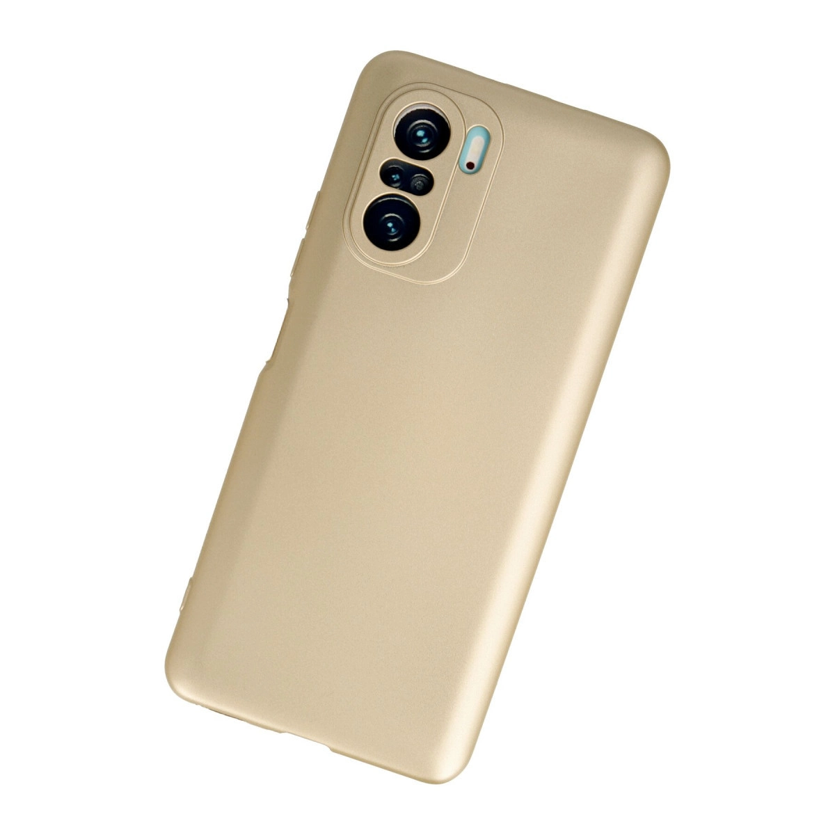Üçlü kamera kurulumlu altın rengi telefon kılıfı, beyaz arka plan üzerinde.