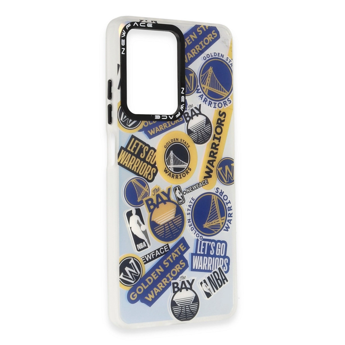 Logo ve metinler içeren Golden State Warriors çıkartmalarıyla süslenmiş şeffaf telefon kılıfı.