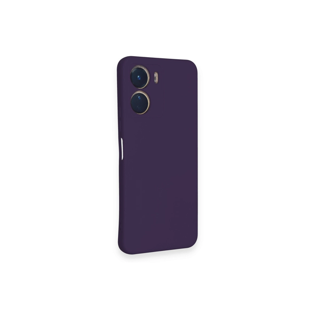 Kamera kesimli koyu mor telefon kılıfı, beyaz zeminde.