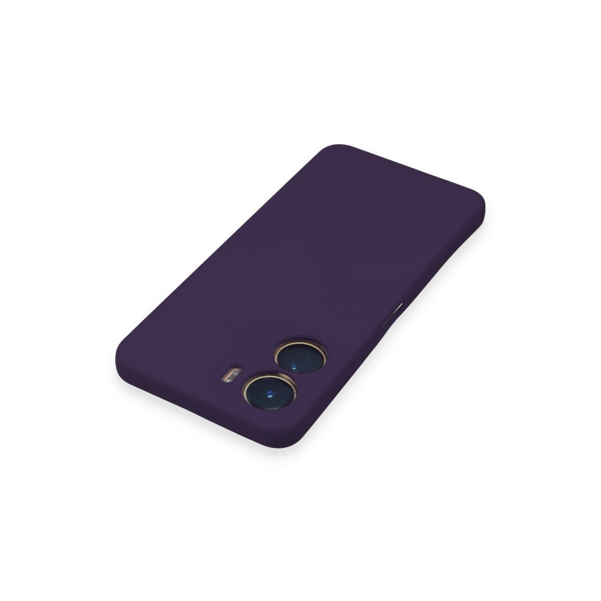 Beyaz arka plan üzerinde iki kamera modülüne sahip koyu mor telefon kılıfı.