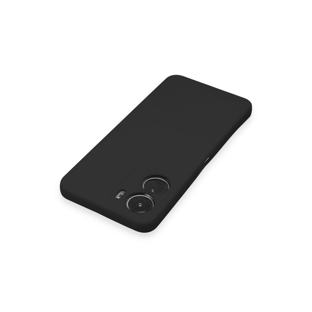 Beyaz arka plan üzerinde iki kamera lensli siyah telefon kılıfı.