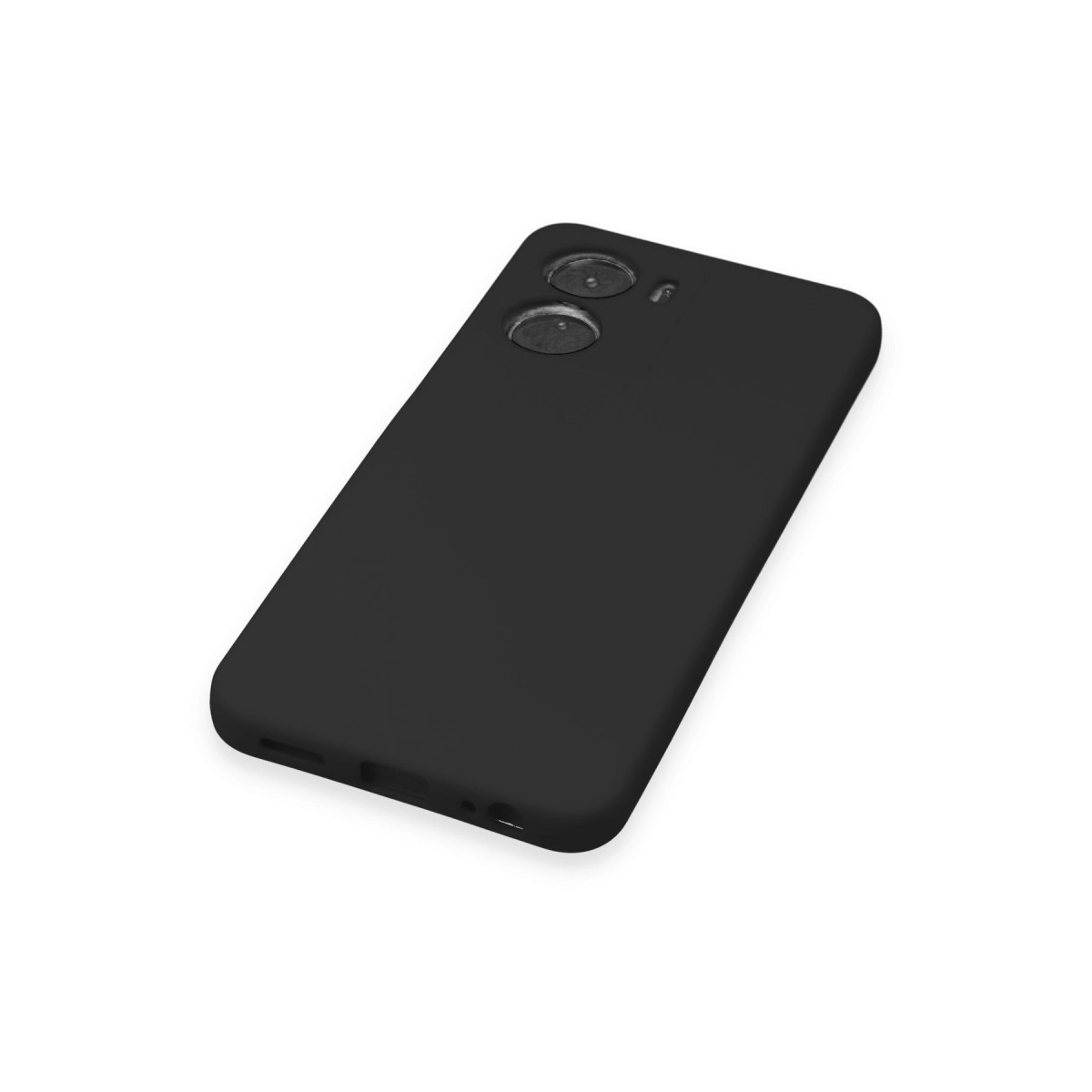 Beyaz arka plan üzerinde iki kamera lensli siyah telefon kılıfı.