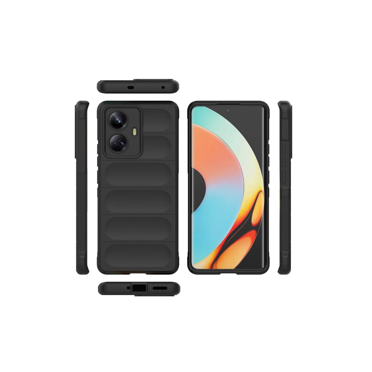Yivli ve iki kameralı siyah telefon kılıfı, her taraftan gösterilmiştir.