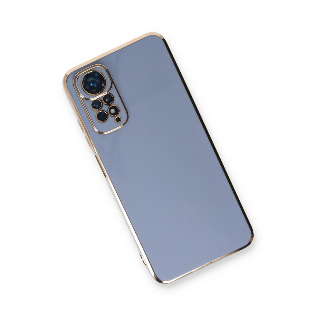 Altın çerçeveli ve kamera lensli mavi telefon, beyaz arka plan üzerinde.