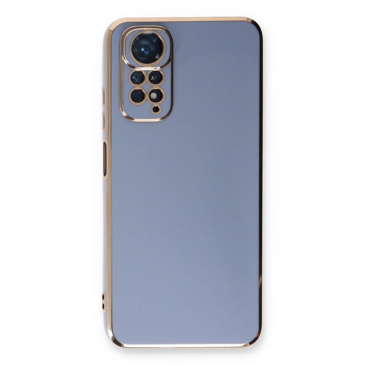 Altın çerçeveli ve kamera modüllü açık mavi telefon kılıfı.