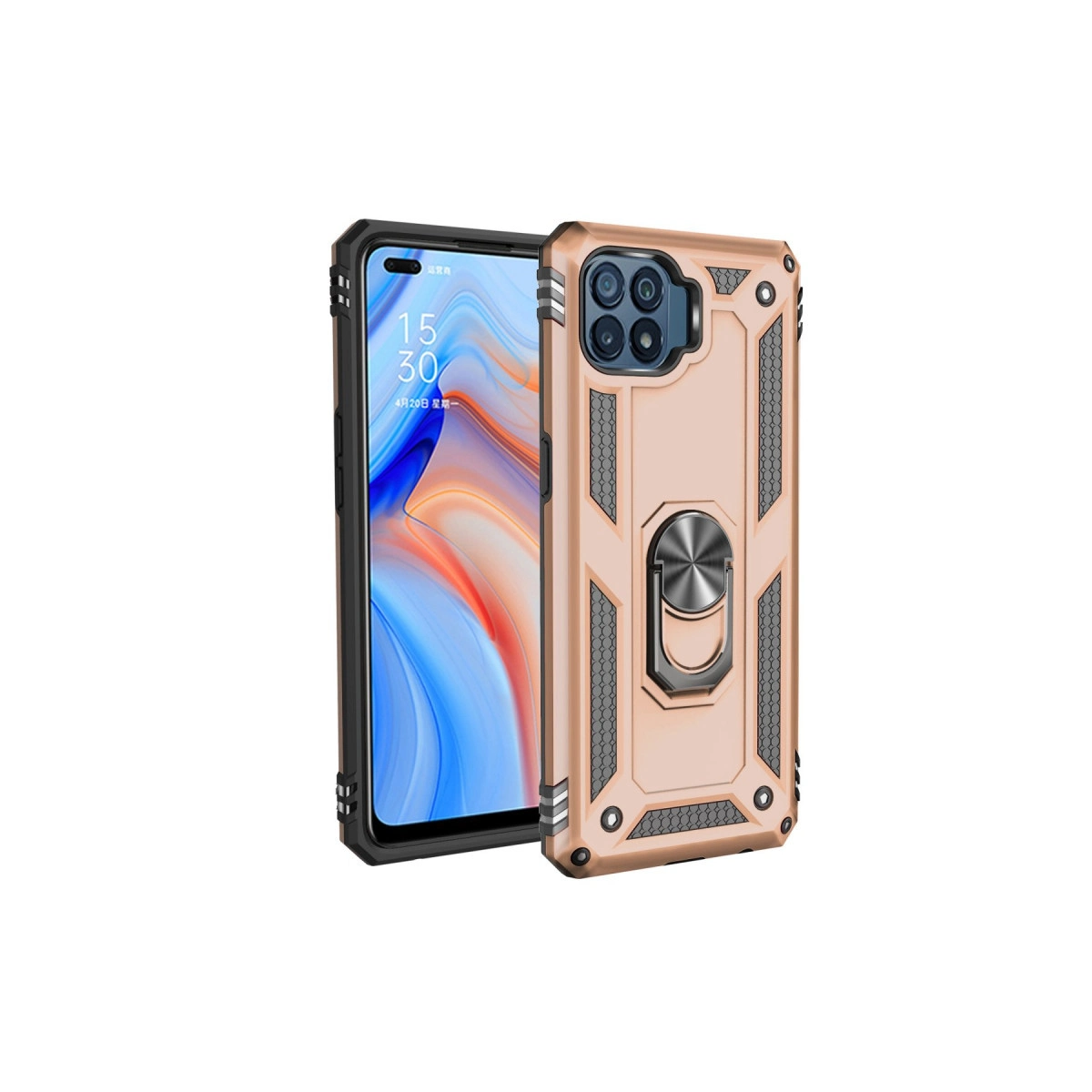 Yerleşik halka tutuculu gül altın rengi telefon kılıfı, bir akıllı telefonun yanında.