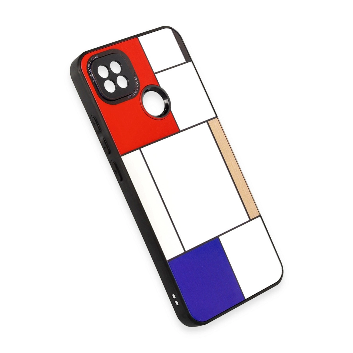 Kırmızı, beyaz, mavi ve bej geometrik desenli bir telefon kılıfı.