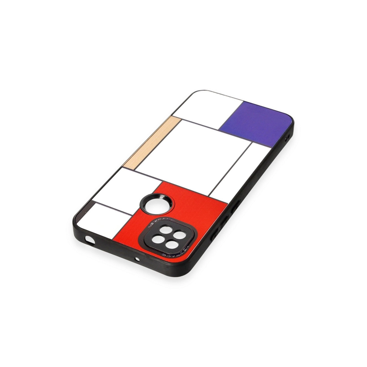 Kırmızı, beyaz, altın ve mavi geometrik tasarımlı siyah telefon kılıfı.