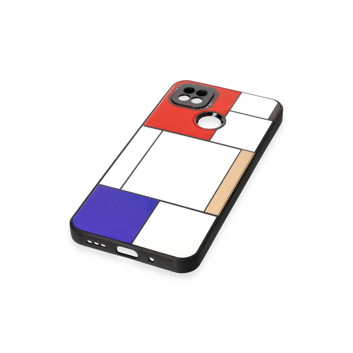 Kırmızı, mavi, beyaz ve bej geometrik desenli telefon kılıfı.
