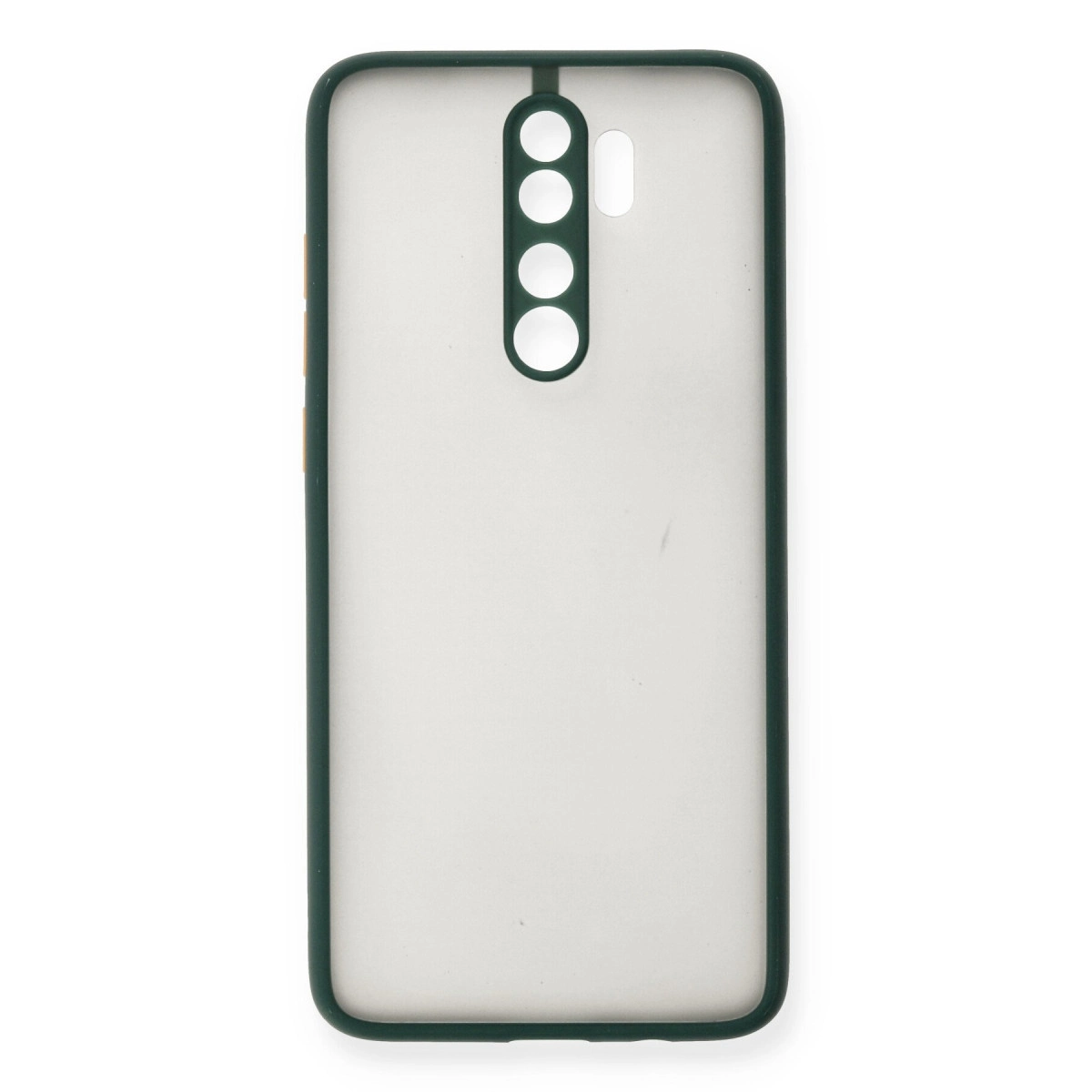 Şeffaf arka ve kamera kesimli koyu yeşil telefon kılıfı.