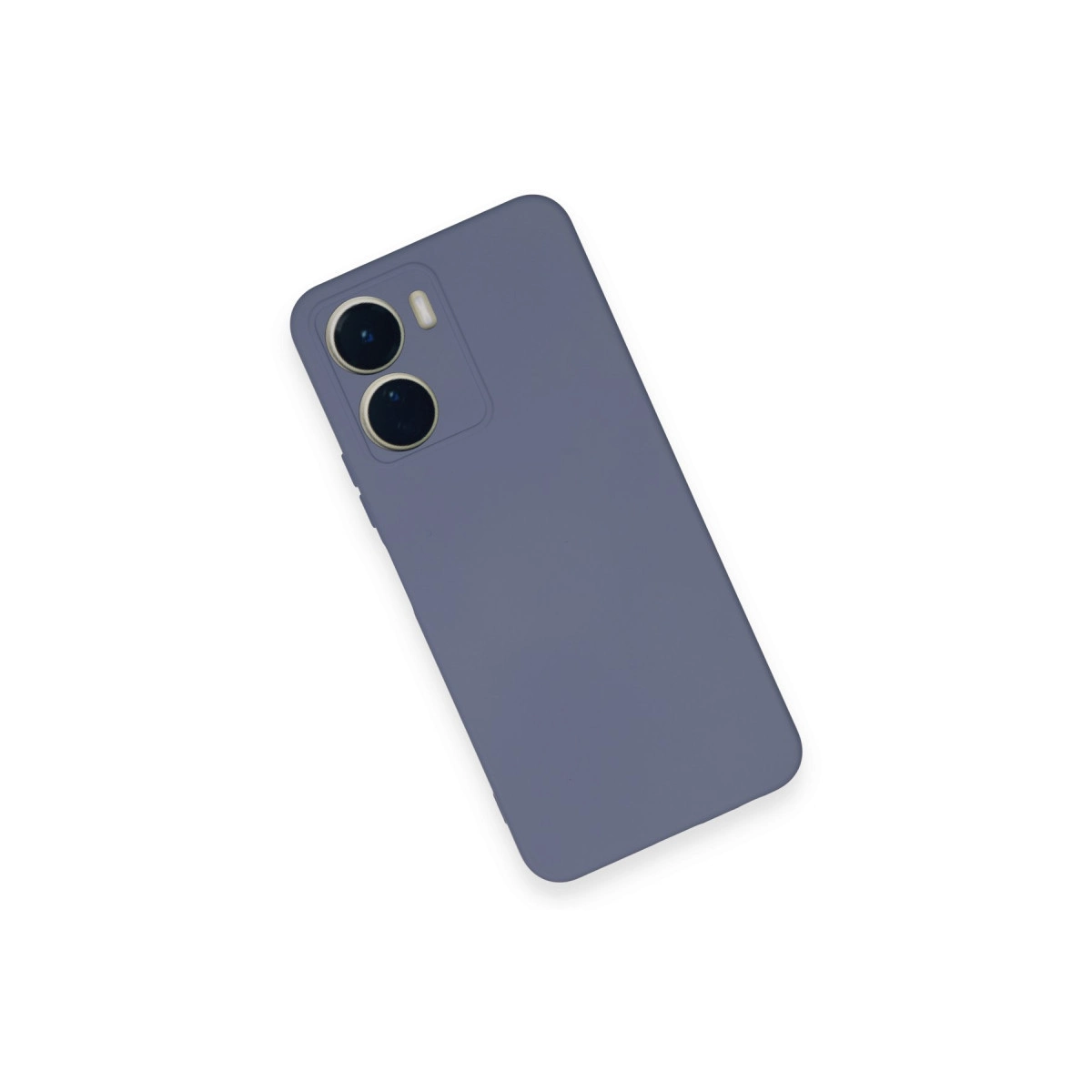 Beyaz arka plan üzerinde iki kameralı, grimsi mavi telefon kılıfı.