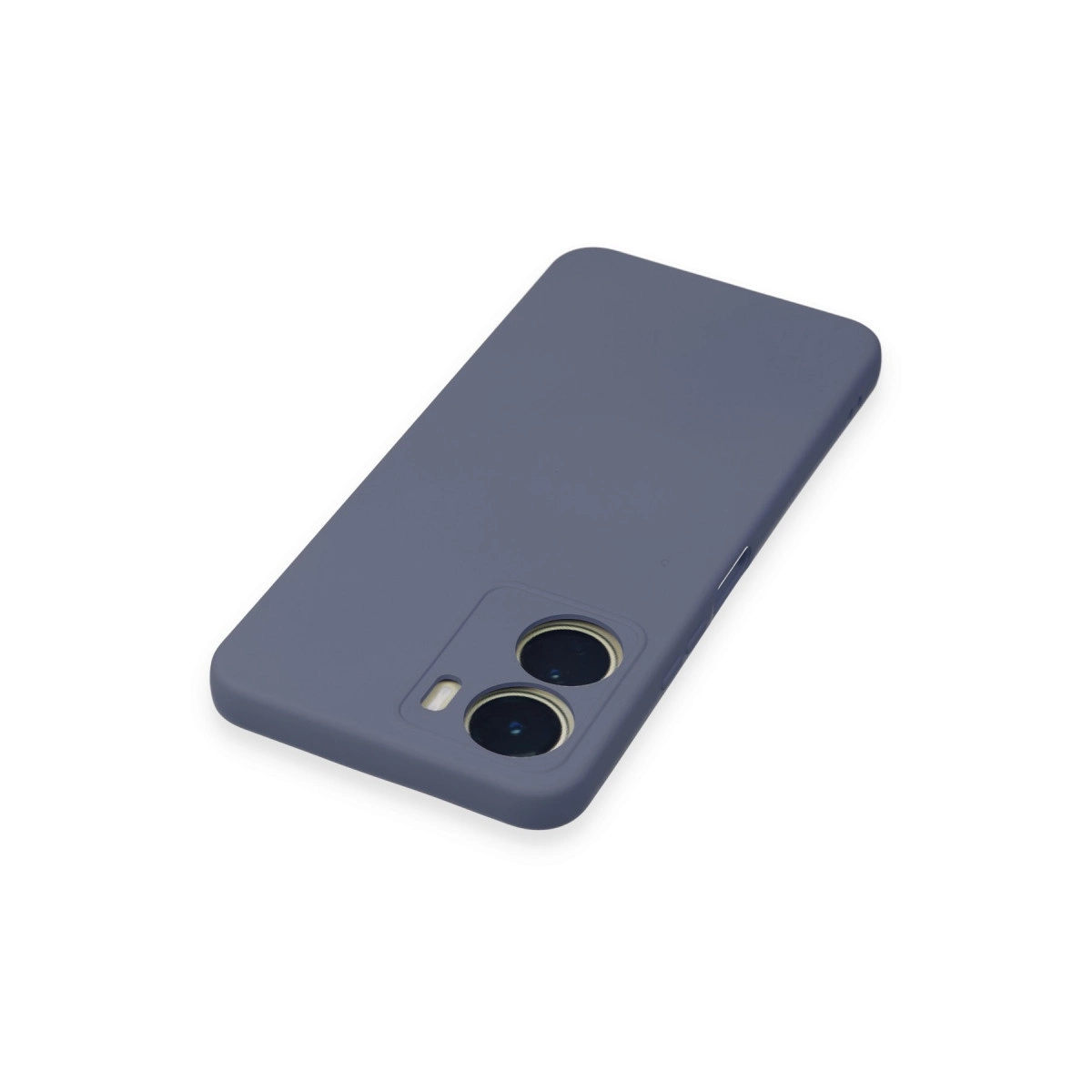 Kır gri mavi telefon kılıfı beyaz zeminde yatıyor. İki kamera deliği var.