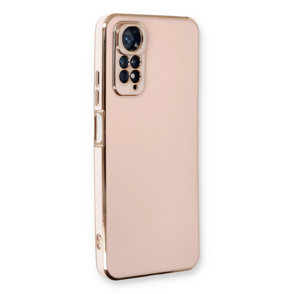 Altın çerçeveli ve kamera lensli açık pembe telefon kılıfı.