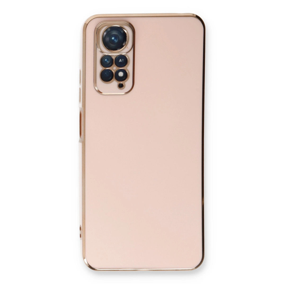 Dört lensli kamera modülüne sahip gül altın rengi telefon kılıfı.