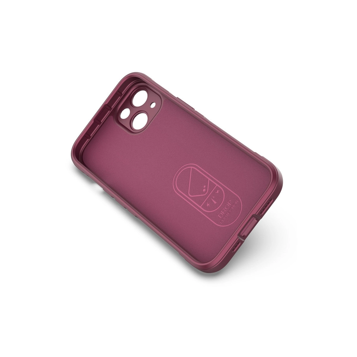 Kamera kesimli ve "Drop Protection" logolu koyu kırmızı telefon kılıfı.