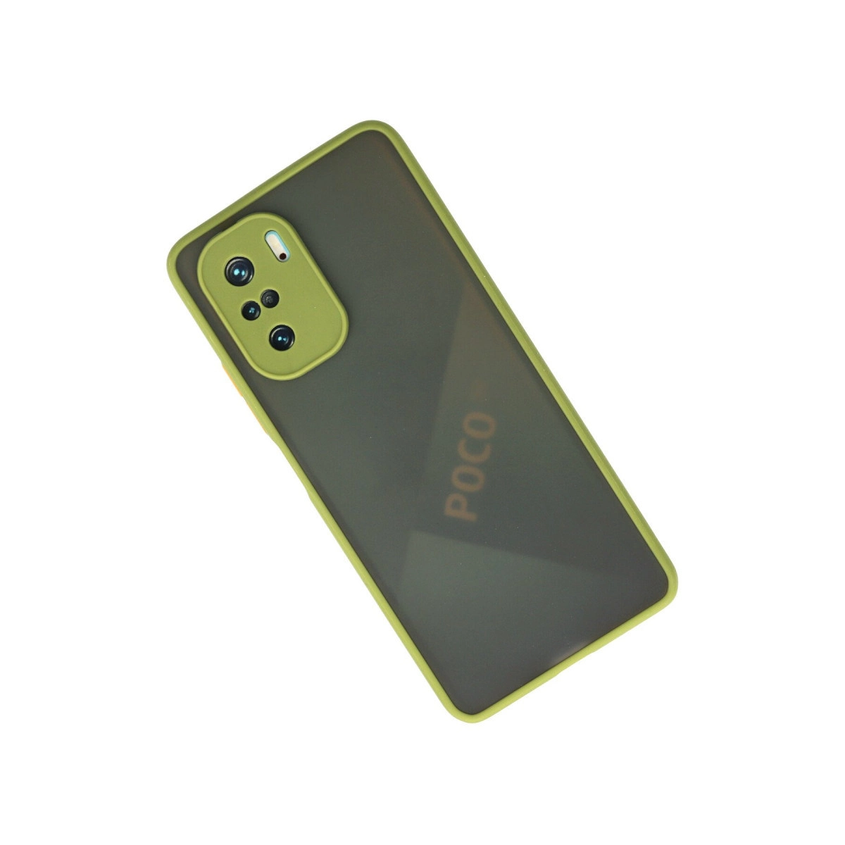 Yeşil kenarlı ve kameralı koyu gri telefon kılıfı. POCO logosu görünür.