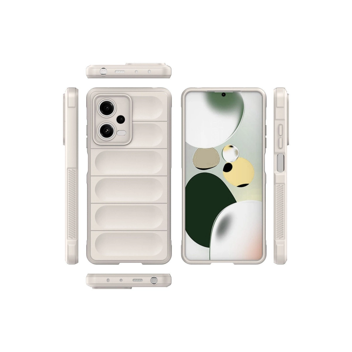 Ön ve arka görünümler dahil olmak üzere birden çok açıdan gösterilen beyaz telefon kılıfı.