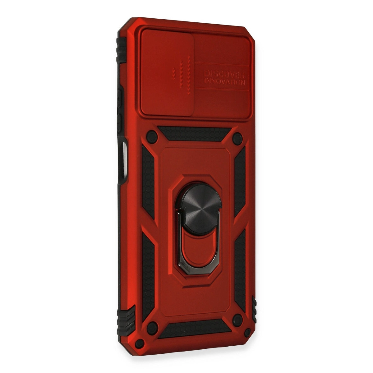 Arkada kayar kamera kapaklı ve halka tutuculu kırmızı telefon kılıfı.