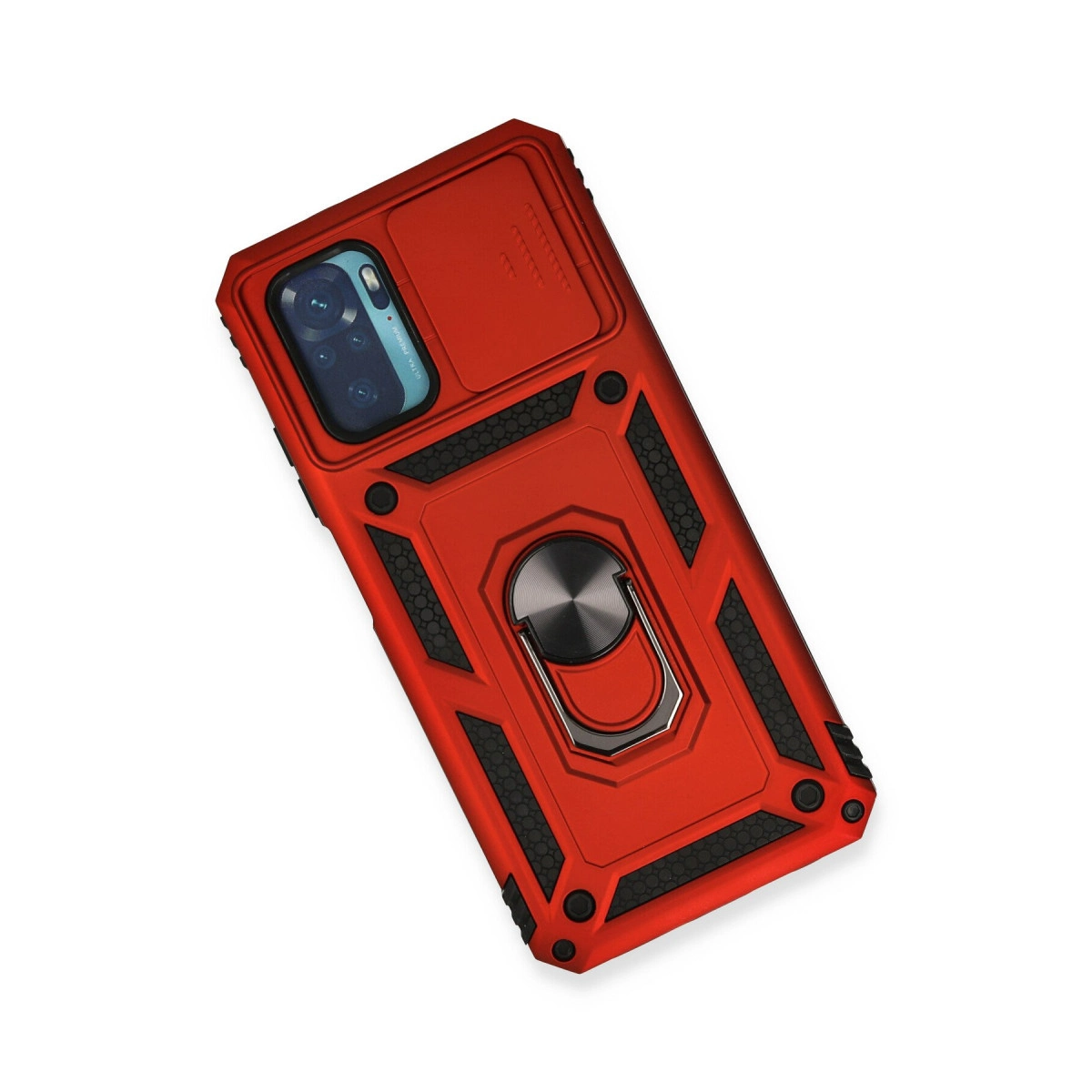 Kamera kapaklı ve halka tutuculu kırmızı telefon kılıfı.