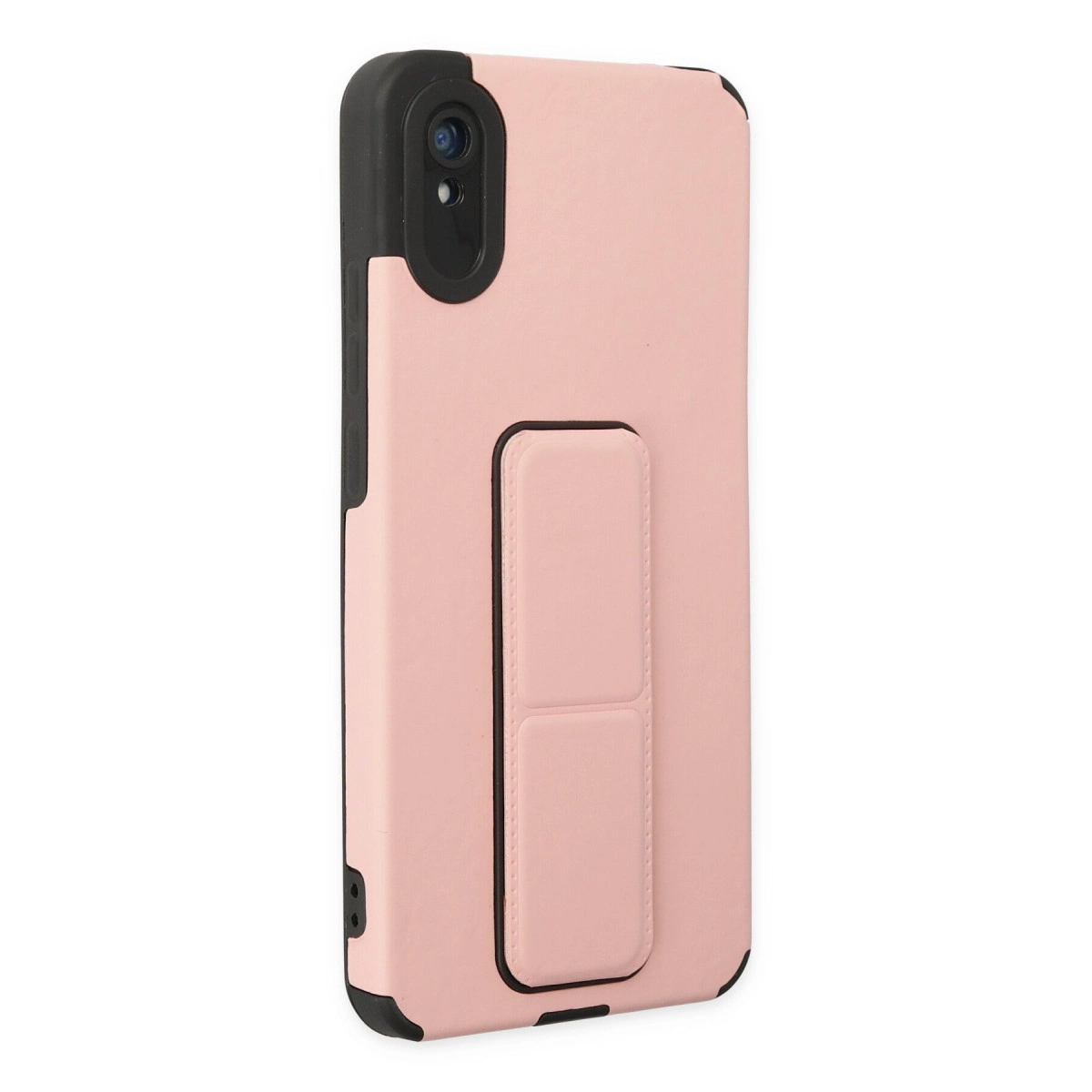 Siyah kenarlı ve entegre tutma yeri olan pembe telefon kılıfı.