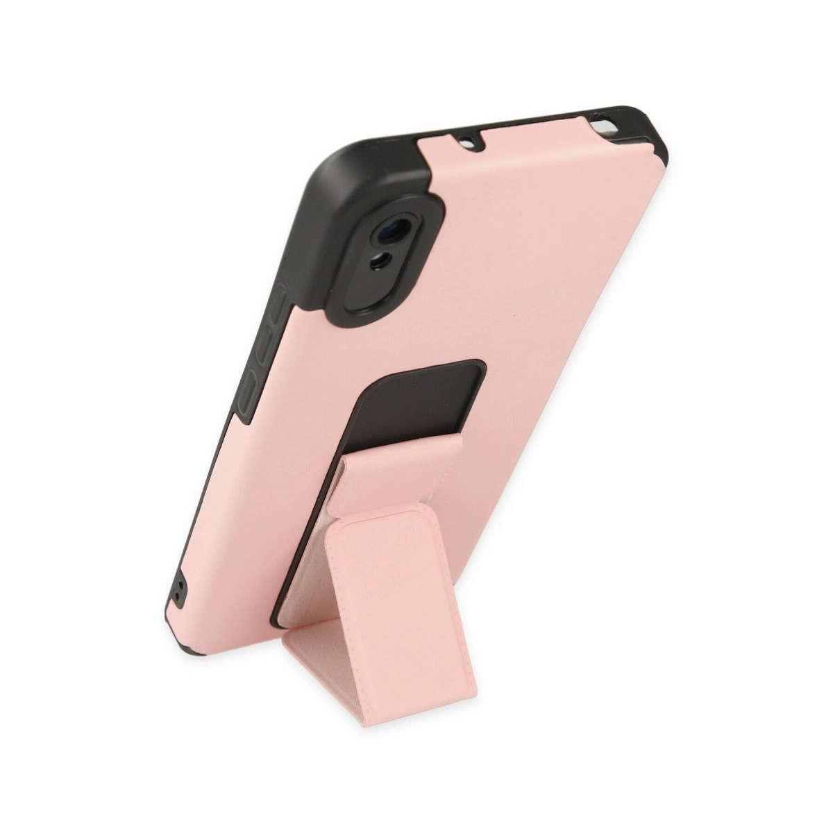 Entegre stantlı, siyah çerçeveli pembe telefon kılıfı.