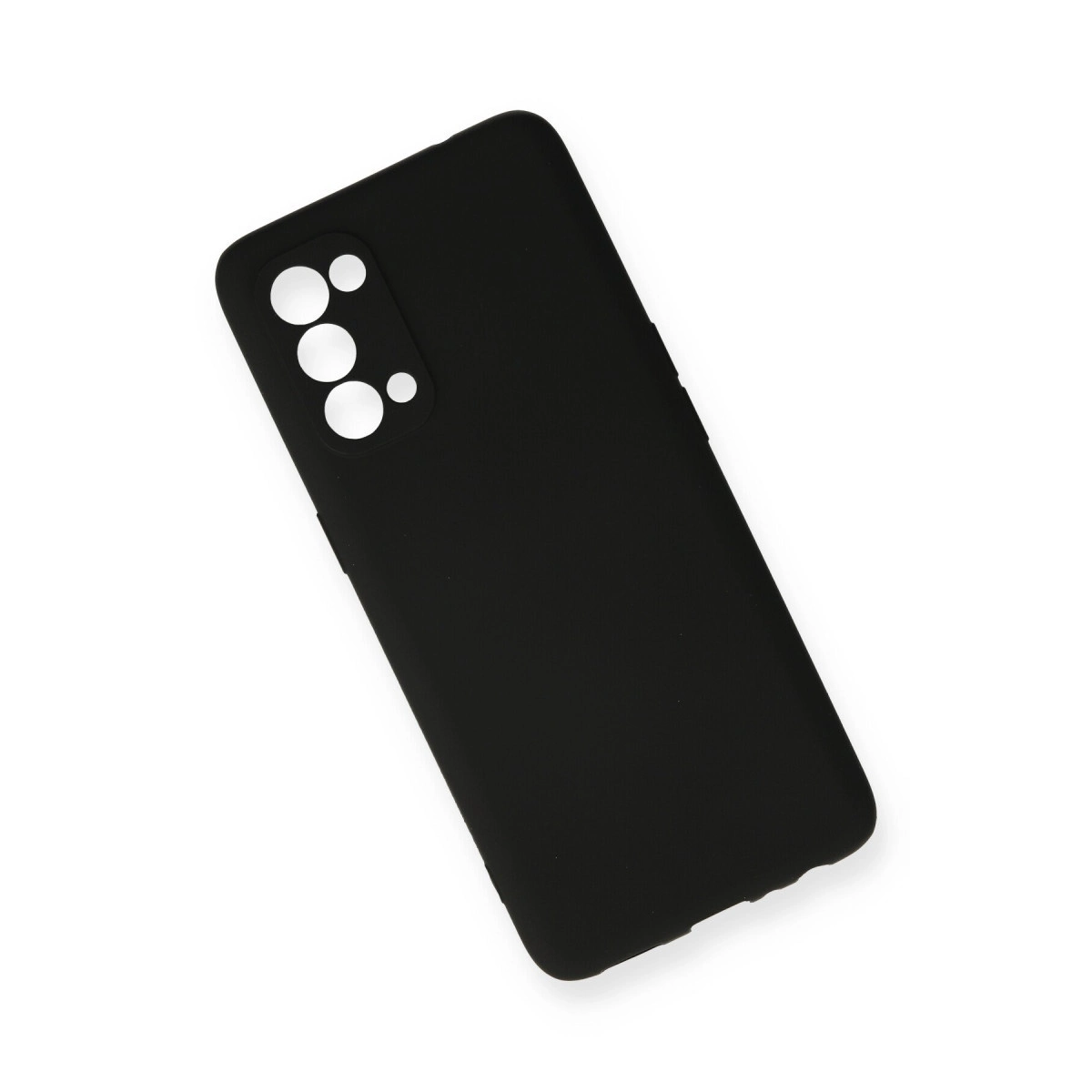 Kamera kesimli siyah telefon kılıfı, beyaz zeminde.