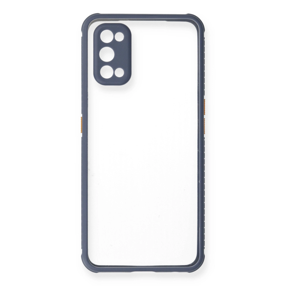 Şeffaf telefon kılıfı, koyu gri çerçeveli ve kamera kesimli.