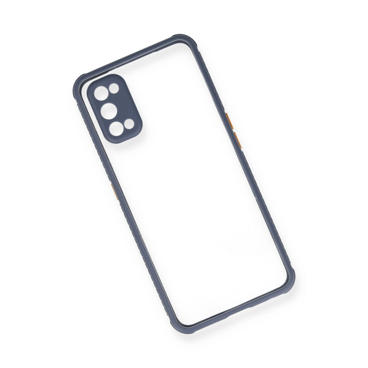 Kamera oyuntulu, koyu gri çerçeveli şeffaf telefon kılıfı.