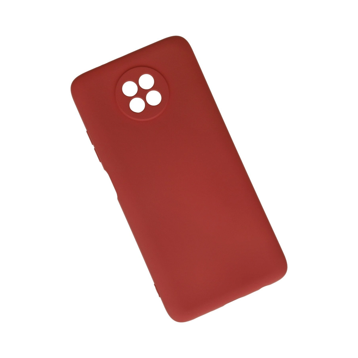 Beyaz arka plan üzerinde kare kamera modülüne sahip kırmızı telefon kılıfı.