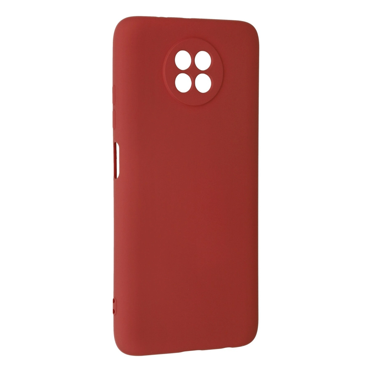 Arkada dairesel kamera kesiği olan kırmızı telefon kılıfı.