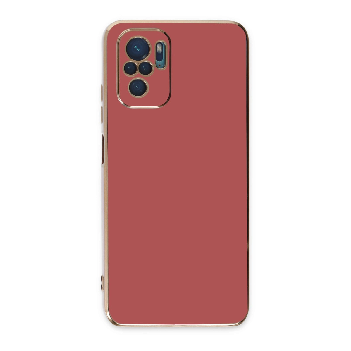 Altın çerçeveli ve kamera modüllü kırmızı telefon kılıfı.