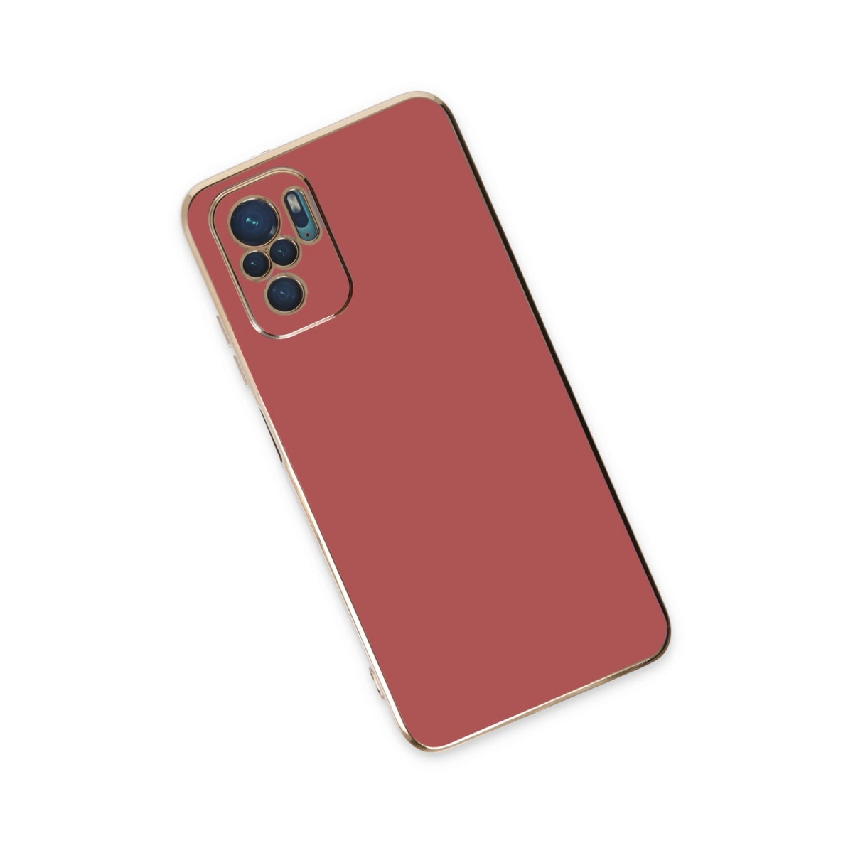 Altın süslemeli ve kamera kesimli kırmızı telefon kılıfı.