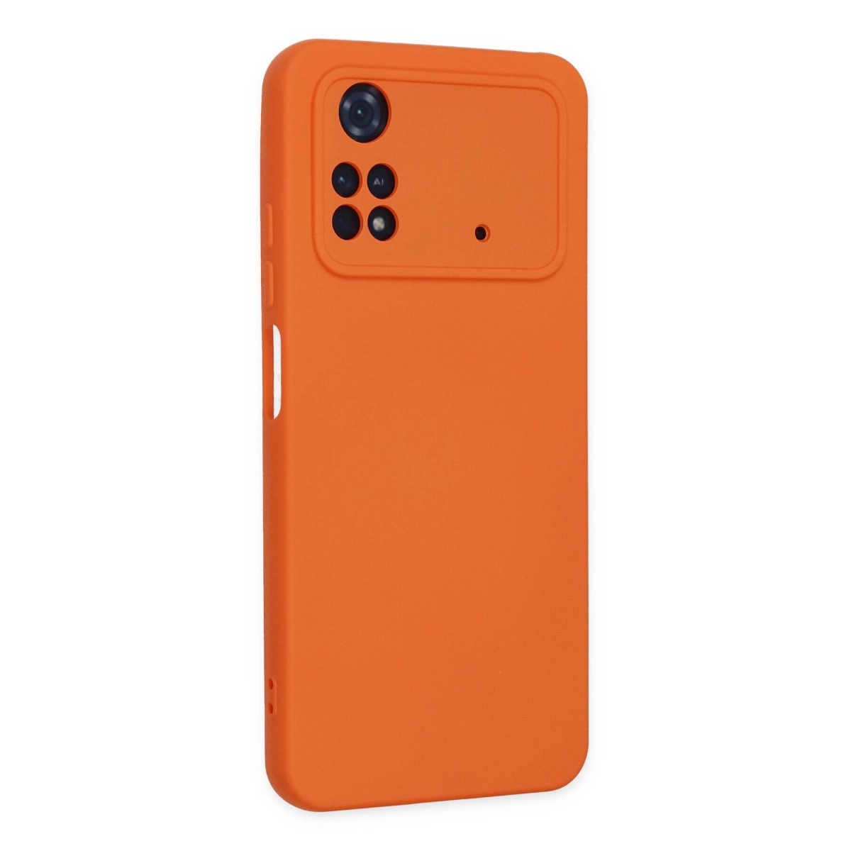 Dört lensli, dikdörtgen kamera oyuntulu turuncu telefon kılıfı.