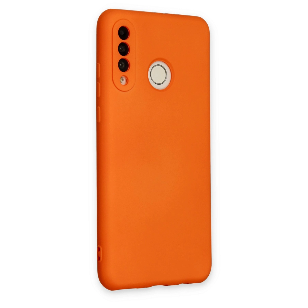 Üç kameralı ve parmak izi sensörlü parlak turuncu telefon kılıfı.