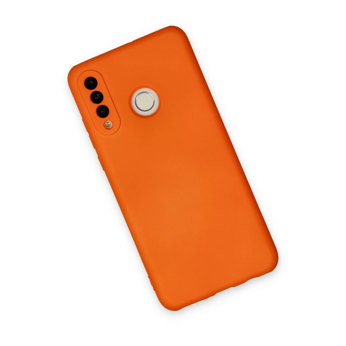 Üç kamera lensi ve parmak izi sensörü bulunan parlak turuncu telefon kılıfı.
