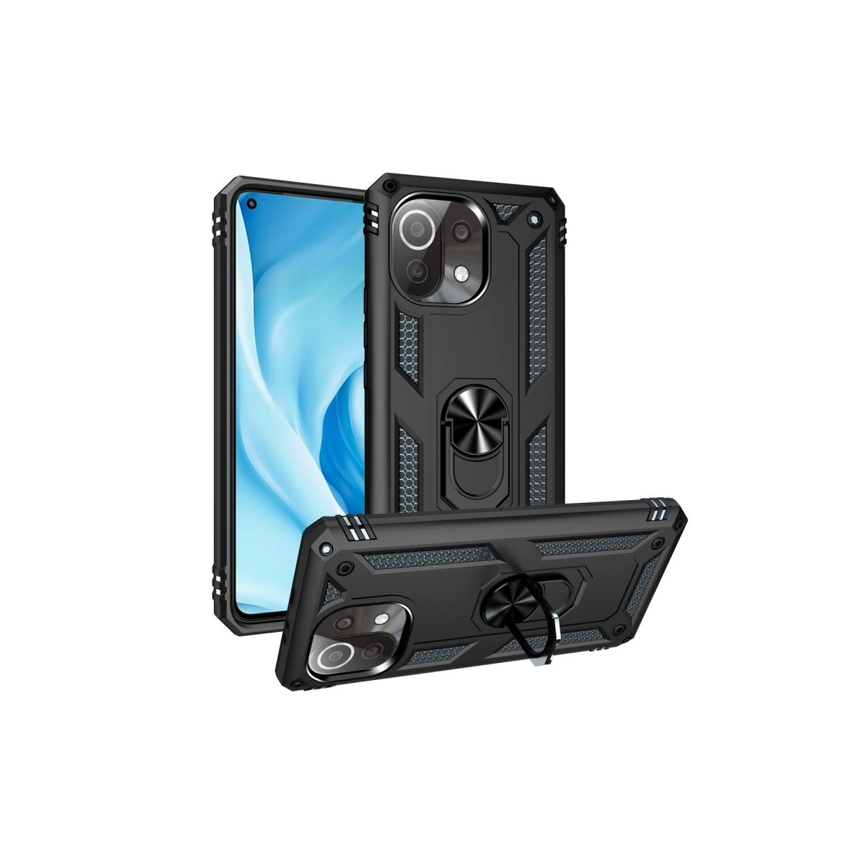 Halka tutuculu ve kamera kesimli siyah telefon kılıfı, beyaz arka plan üzerinde.