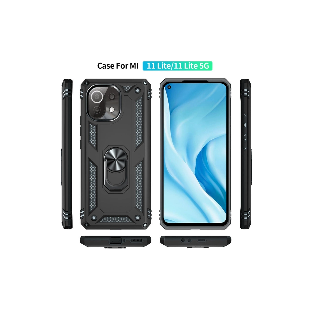 Mi 11 Lite için halka tutuculu siyah telefon kılıfı, çoklu görünümler.