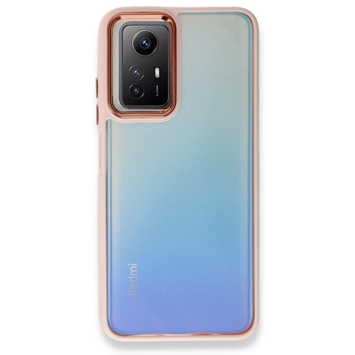 Mavi degrade ve kamera lensli pembe telefon kılıfı.