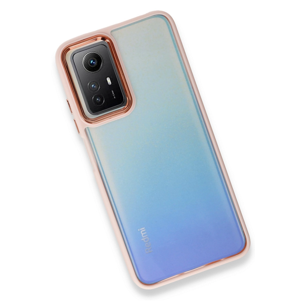 Kamera dizilimli, açık maviden koyu maviye solan, rose altın rengi telefon kılıfı.